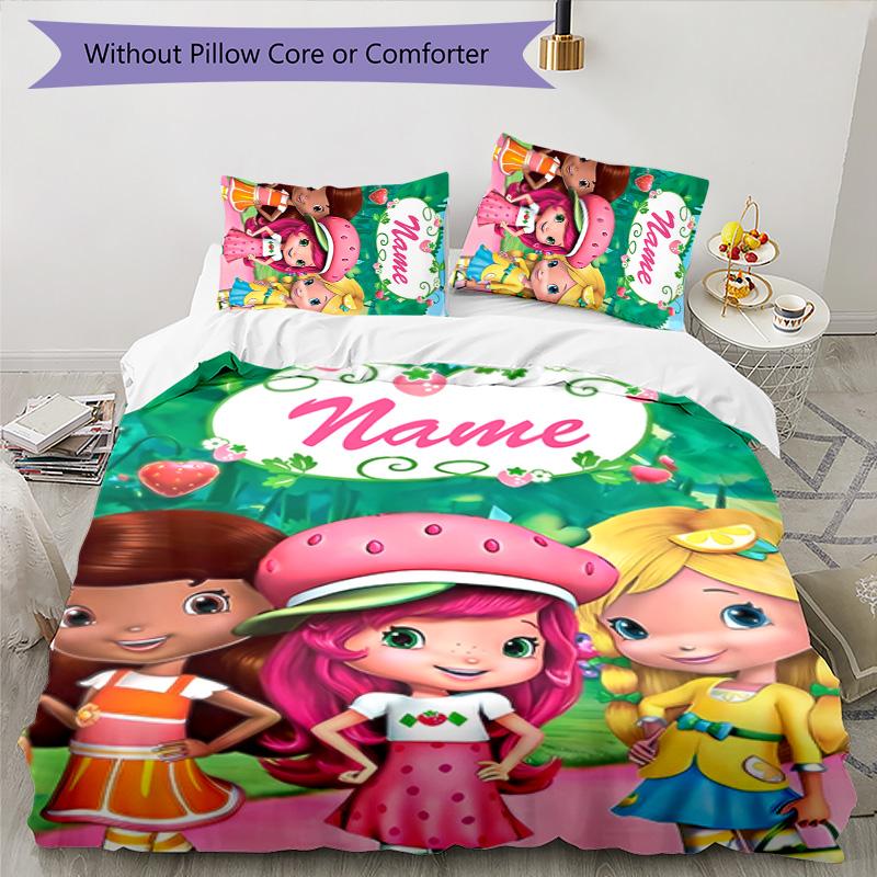 3pcs Strawberry Princess2 Cover Set - Personalized Name, HD Printed Bedding with 1 Cover and 2 Pillowcases - Perfect for Home Decor, Easy Care