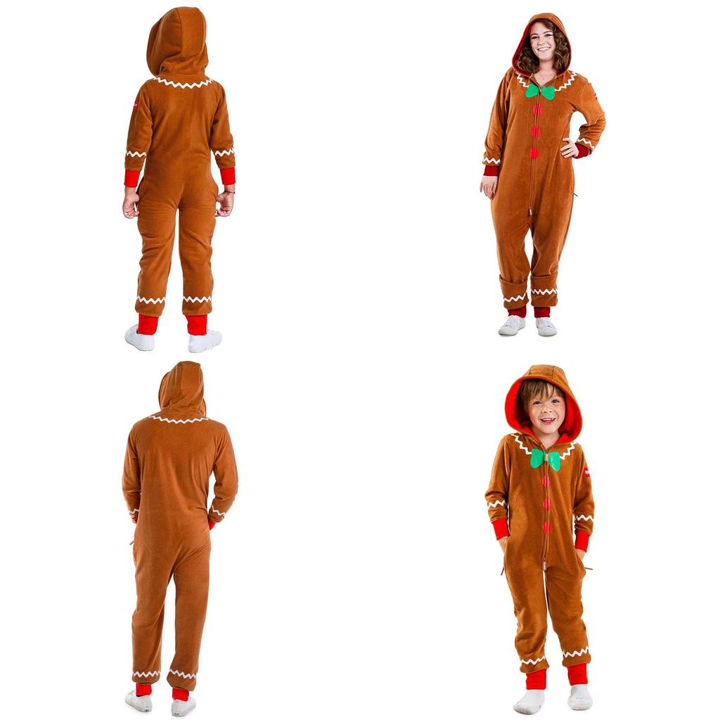 Gingerbread Man Cosplay Costume Xmas Party Clothes Adult Kids Hooded Jumpsuits
