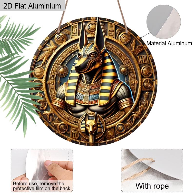2D Flat Aluminum Vintage Egyptian Anubis God Round Metal Sign, Ancient Egyptian Mythology Wall Art Sign for Front Door, Pre-Drilled Holes for Easy