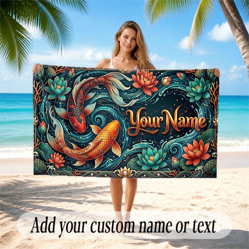 Koi Fish Theme Beach Towel Personalized Custom Name & Text Soft Quick Dry Beach Towel for Swimming Travel