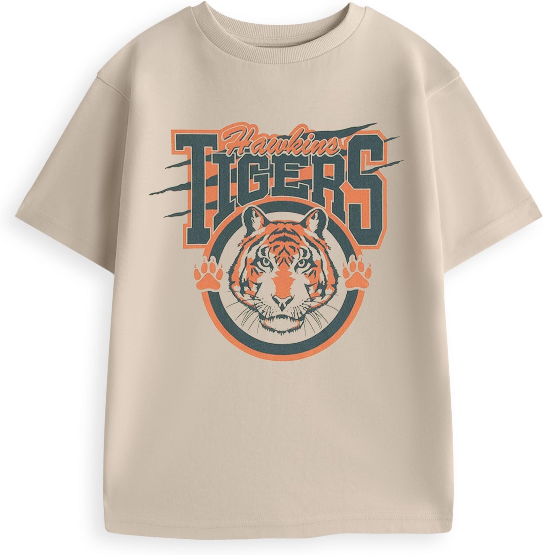 Stranger Things Hawkins Tigers Unisex Kids Beige Short Sleeved T-Shirt | Graphic Tee for School & Play S