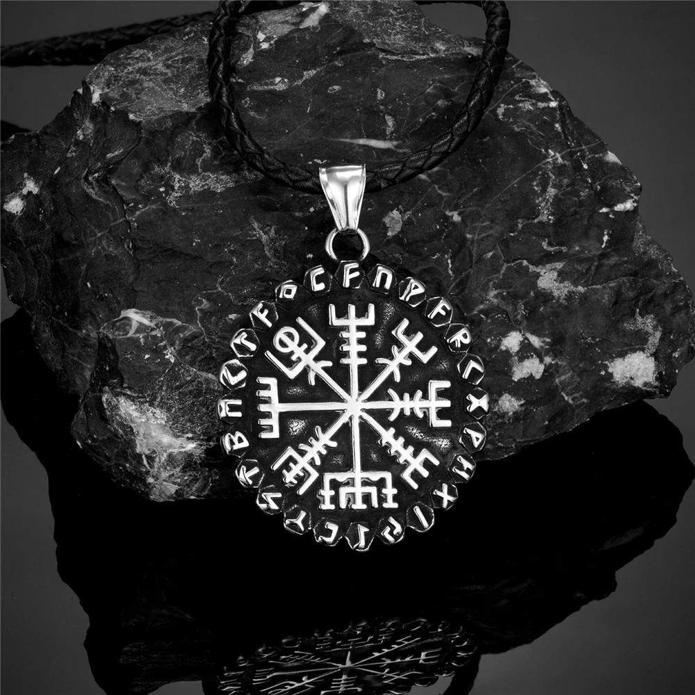 Classic Norse 24 Runes Viking Compass Necklaces Mens Amulet Vegvisir Pendant Stainless Steel Chain Icelandic Male Jewelry Gifts