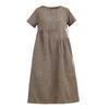 Real shot summer new literary loose splicing cotton and linen plaid round neck short-sleeved dress women's clothing medium and long