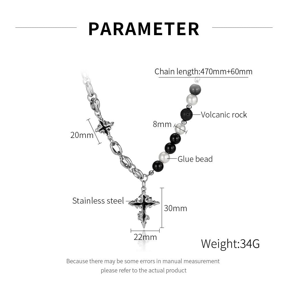 Cross Stainless Pearl Volcanic Rock Silver Chain Long Vintage Cross Gift [Rockyu] Men's Necklace, Steel, & Beads, Pendant, Necklace, Style, Accessory,