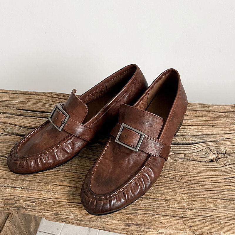 Fashion Retro Low-heel Wrinkle Women Pumps Genuine Leather High Quality Shoes Woman 2025 Autumn Concise Casual Working Pumps Loafers