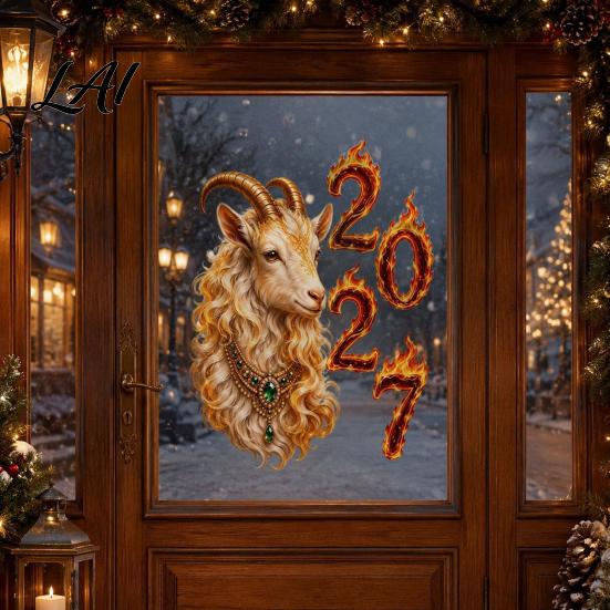 Professional Holiday Window Sticker 2027 Year of Goat Cling Golden‑White Zodiac Static Glass Cling Sticker Lunar New Spring Festival Decor