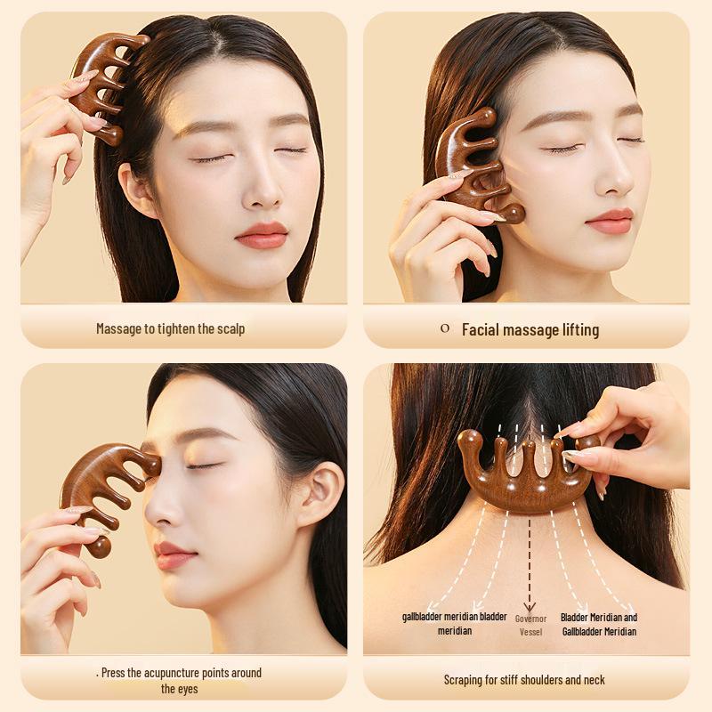 Sandalwood 4-in-1 Scalp Massager: Gua Sha, Meridian Dredging, Follicle Care Comb