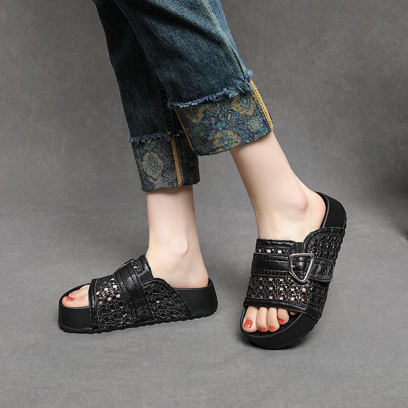 Fashion 5CM Weave Sheepskin Leather Shoes Hollow Mary Jane Loafer Slippers Platform Wedge Flats Peep Toe Women Breathable Sandals Summer