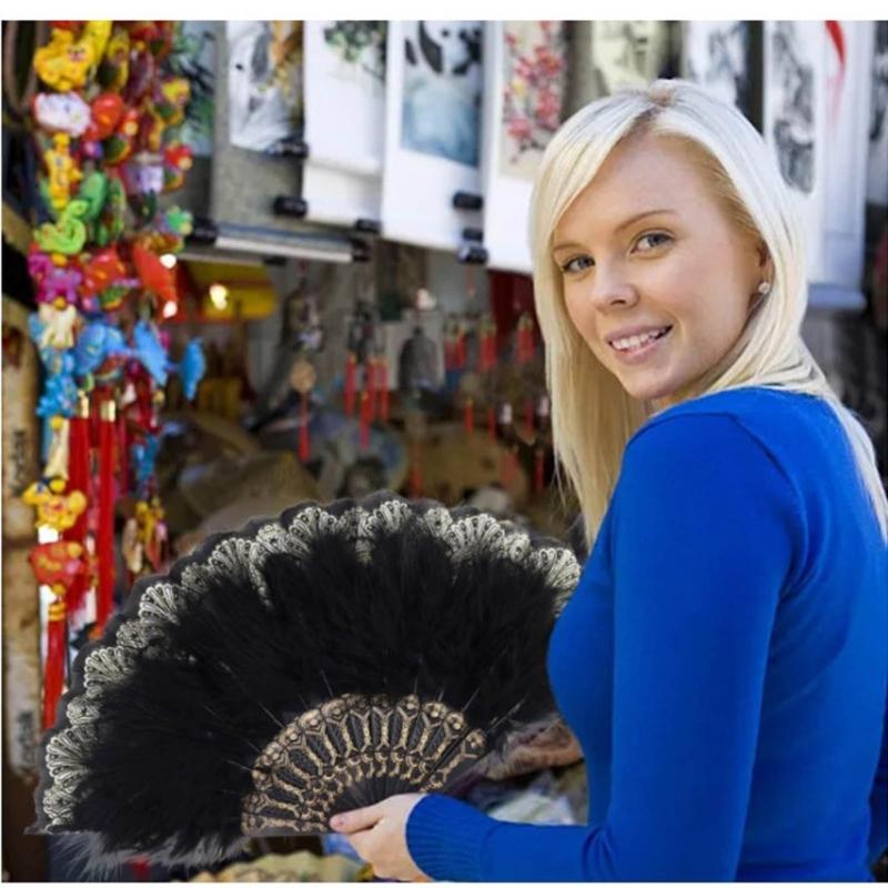 Embroidered Flower Feather Fan Vintage Hand Fan for Costume Dancing Handheld Folding Fan Performances Wedding Party