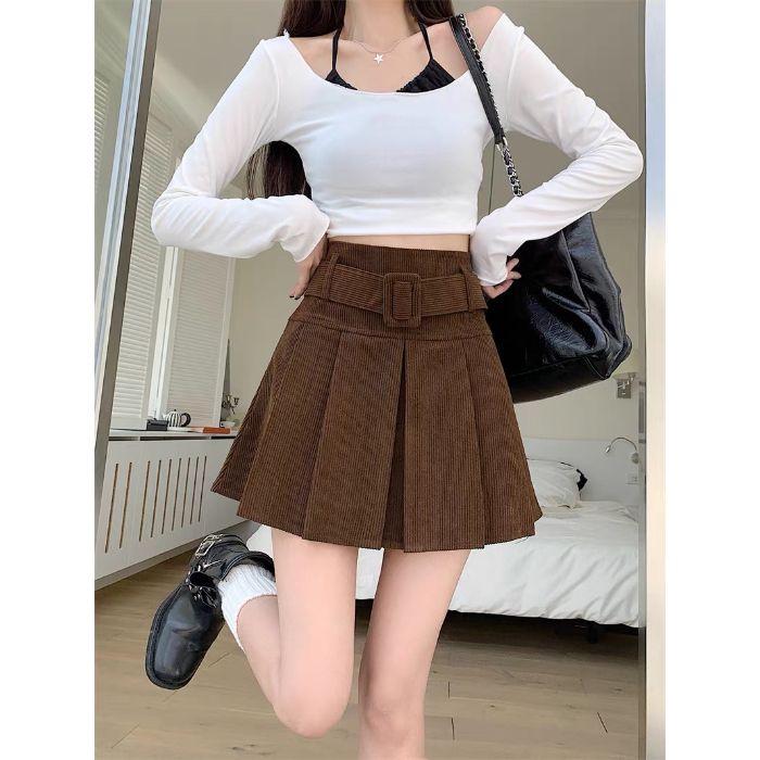 2025 High Waist Corduroy A-line Pleated Skirt - Spring/Autumn Slimming Design for Women S кофейный