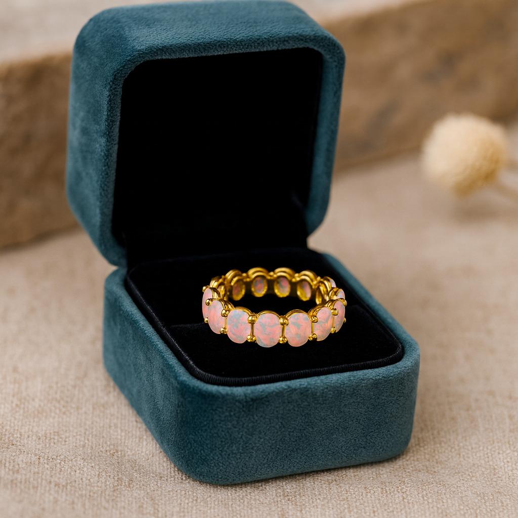 Pink & White Opal Engagement Band – Dainty Minimalist Art Deco Wedding Band | October Birthstone Promise Ring Gift for Her