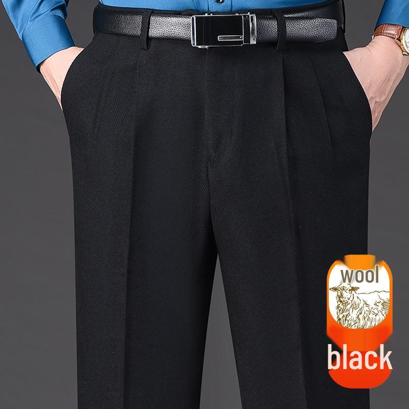 Herren Wollfleece-Hosen mit hohem Bund: Herbst/Winter, Doppelfalte, Lockerer Schnitt, Gerades Bein für mittleres und älteres Alter.