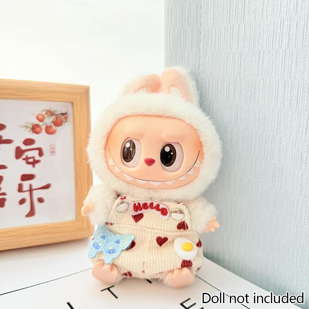 

Миниатюрный джинсовый комбинезон с вишневым декором для кукол Лабубу ростом 17 см. Милая кукольная одежда своими руками, модные аксессуары, прекрасные наряды, подарки для подруг 02