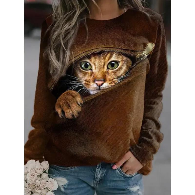 Spring and Autumn Round Neck Casual 3D Cat Print Cute Little Fresh Sweatshirt Women's Casual Home Wear Versatile Women's Hoodie