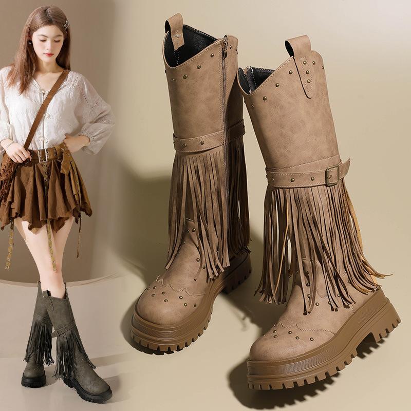 European and American Style Autumn and Winter New Rivet Tassel Belt Buckle Medium Tube Boots Large Size Knight Boots Women's Boots Shoes