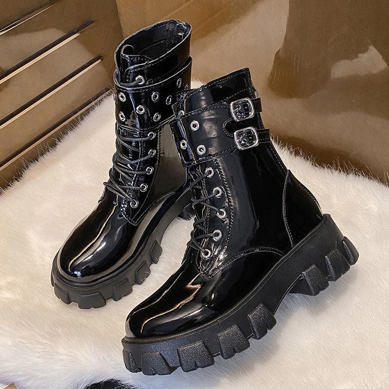 Fashion Platform Lace-up Female Short Shoes Spring Autumn Leather Round Toe Women's Ankle Boots On Offer Trend 2025 New Rock Pu Booties