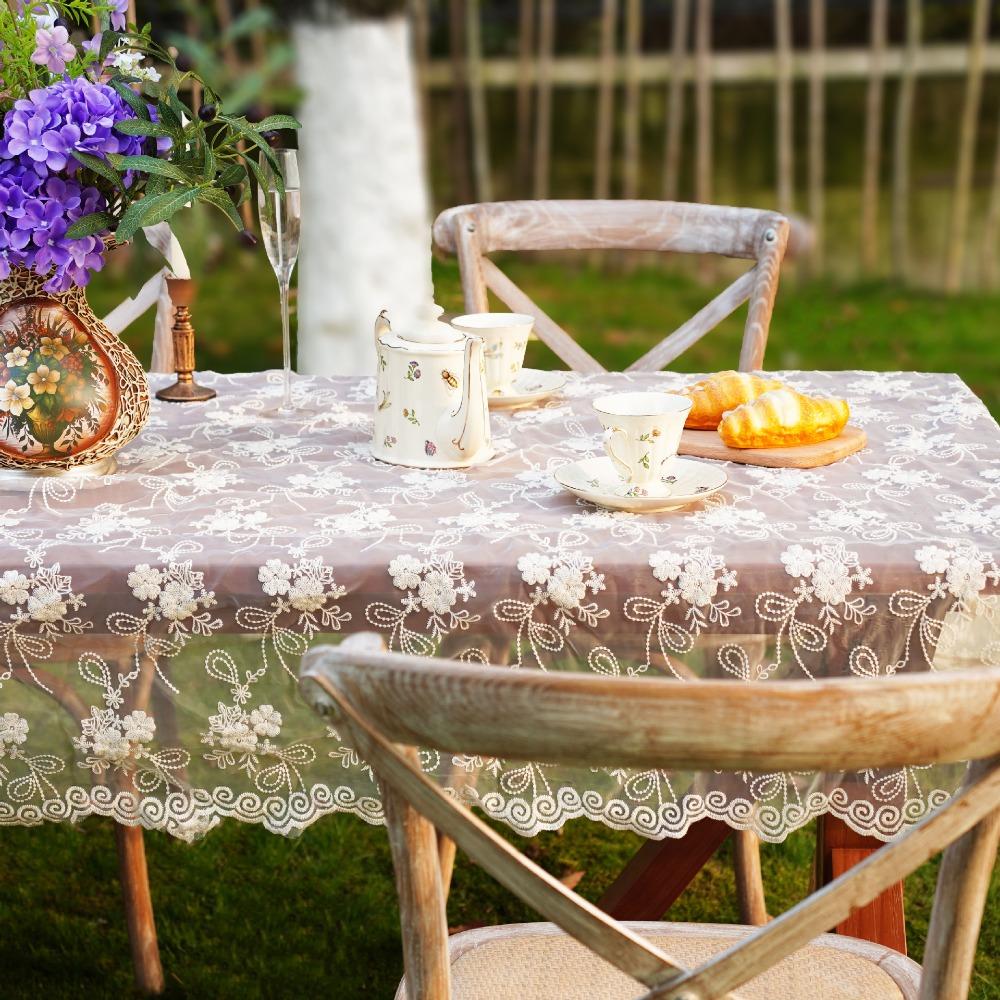 Romantic Embroidered French Lace Tablecloth Organza Vintage Table Linen White Table Cover Desktop Background