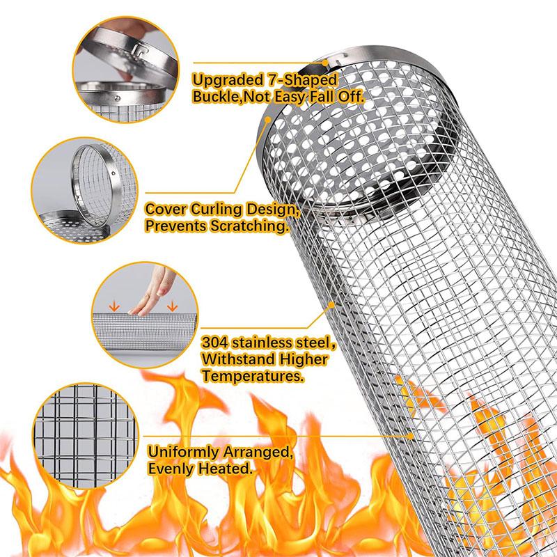 Stainless Steel Rolling Grilling Baskets 360° Large Heavy Duty BBQ Basket Round Mesh Rotation Barbecue Cage Cooking Accessories