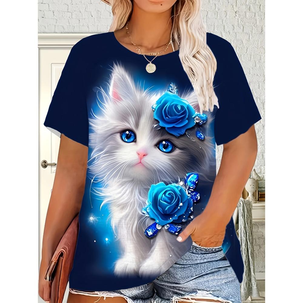 Blue Rose White Cat Printed T-shirt for Women