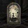 Desktop Halloween Ornament Arched Wooden Wall Decor, Ghost Cat Double-Layer Hanging Ornament, Distressed Gothic Dark Floral Art Tabletop Decor Plaque,