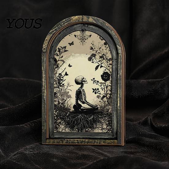 Desktop Halloween Ornament Arched Wooden Wall Decor, Ghost Cat Double-Layer Hanging Ornament, Distressed Gothic Dark Floral Art Tabletop Decor Plaque,