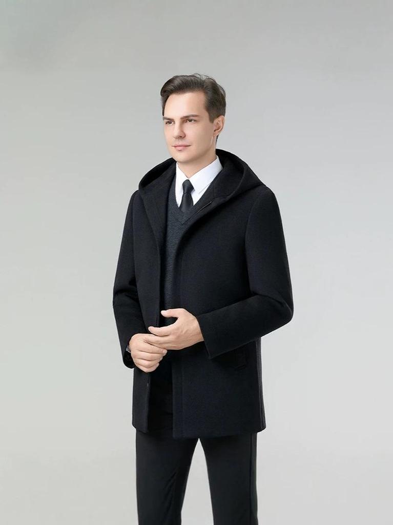 Men's Double-Faced Wool Coat with Detachable Down Liner - Lapel, Thick, Medium-Long, Casual Outerwear for Autumn & Winter.