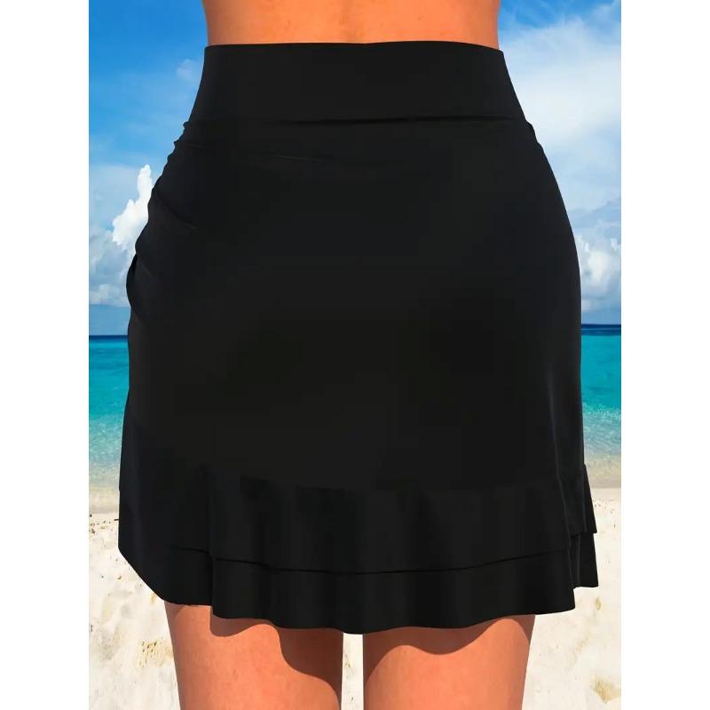 Schwarzer High Waist Raffung Kordelzug Badehosenrock Rüschensaum Asymmetrisch Strand Überwurf Rock