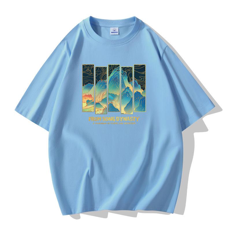 Landscape Painting Men Short Sleeves Cotton T-shirt Large Size Loose Tee