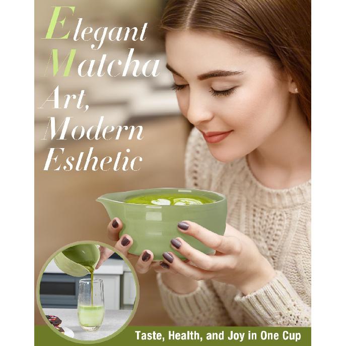 Matcha Whisk Set - 5PCS Matcha Set Includes 17OZ Chawan with Spout, Bamboo Chasen Whisk with Ceramic Holder, Mat cha Scoop and Stainless Sifter,