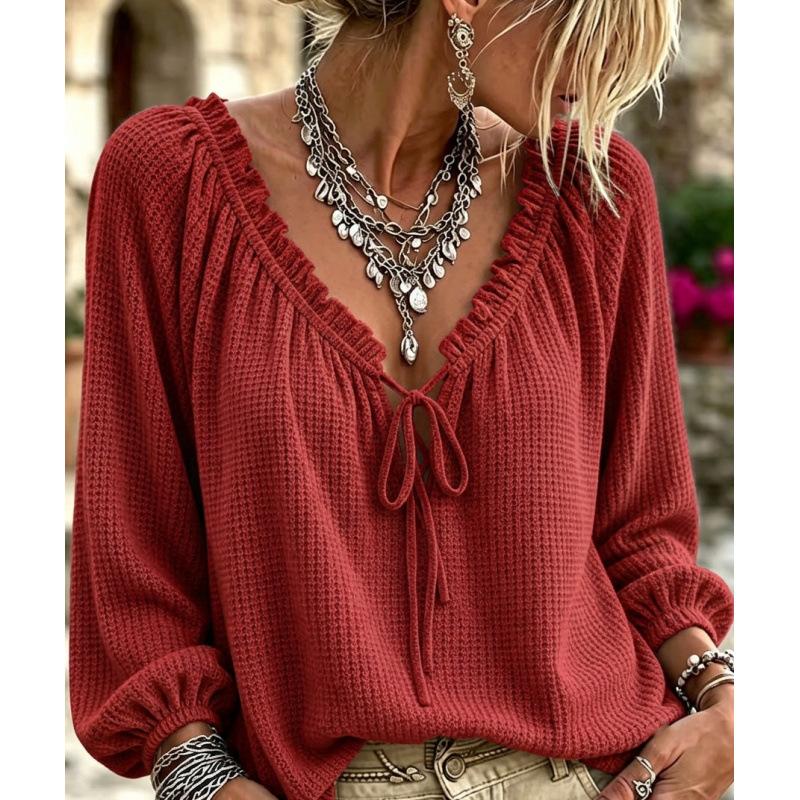 Women S V Neck Drawstring Long Sleeve Waffle Blouse Bohemian Style
