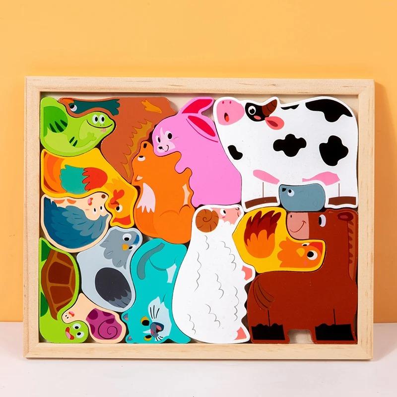 Heißes Neues 3D Puzzle Holzspielzeug Baby Lernen Pädagogisches Handgreifbrett Cartoon Tier Obst und Gemüse Puzzle Spielzeug Geschenke