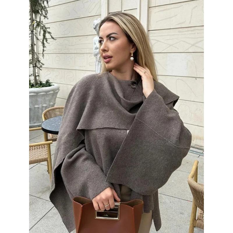 Ladies Autumn Winter Jacket Women Casual Commuter Coat Knitted Loose Oversize Coat Asymmetric Elegant Split Chic Scarf Jacket