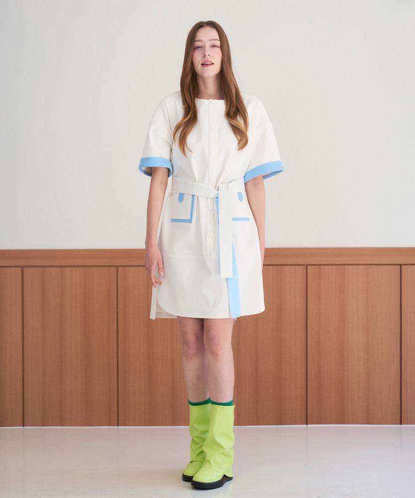 L By L White Color Block Short Sleeve Cotton Belted Dress