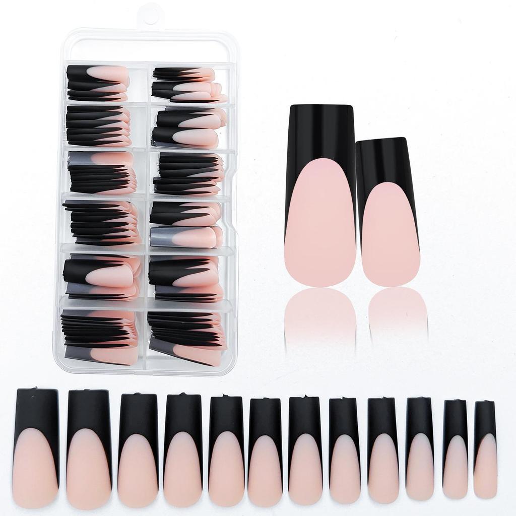 120-Piece Black & White French Square False Nails Set - Reusable Wear-On Manicure Tips