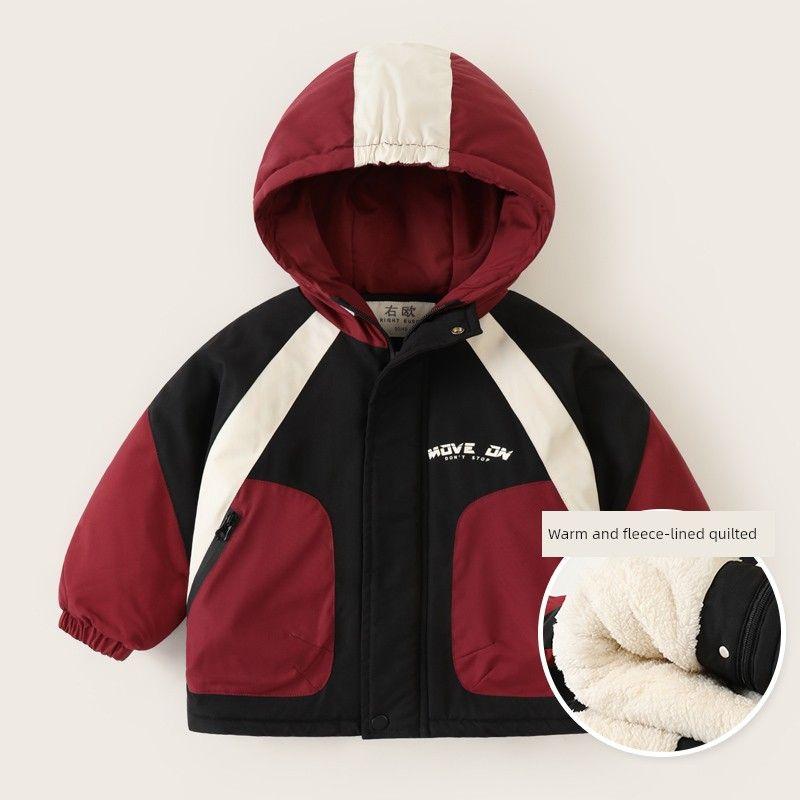 European Style Boys Hooded Cotton Coat, Boys Winter Clothing with Fleece Lining, Cotton Jacket, Baby Cotton Clothing, Winter Children s Clothing Red 100cm