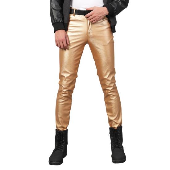 Men Faux Leather Pants Mid Waist Slim Fit Smooth Button Zipper Placket Solid Color Waterproof Hip Hop Style Streetwear Party Club Performance Trousers