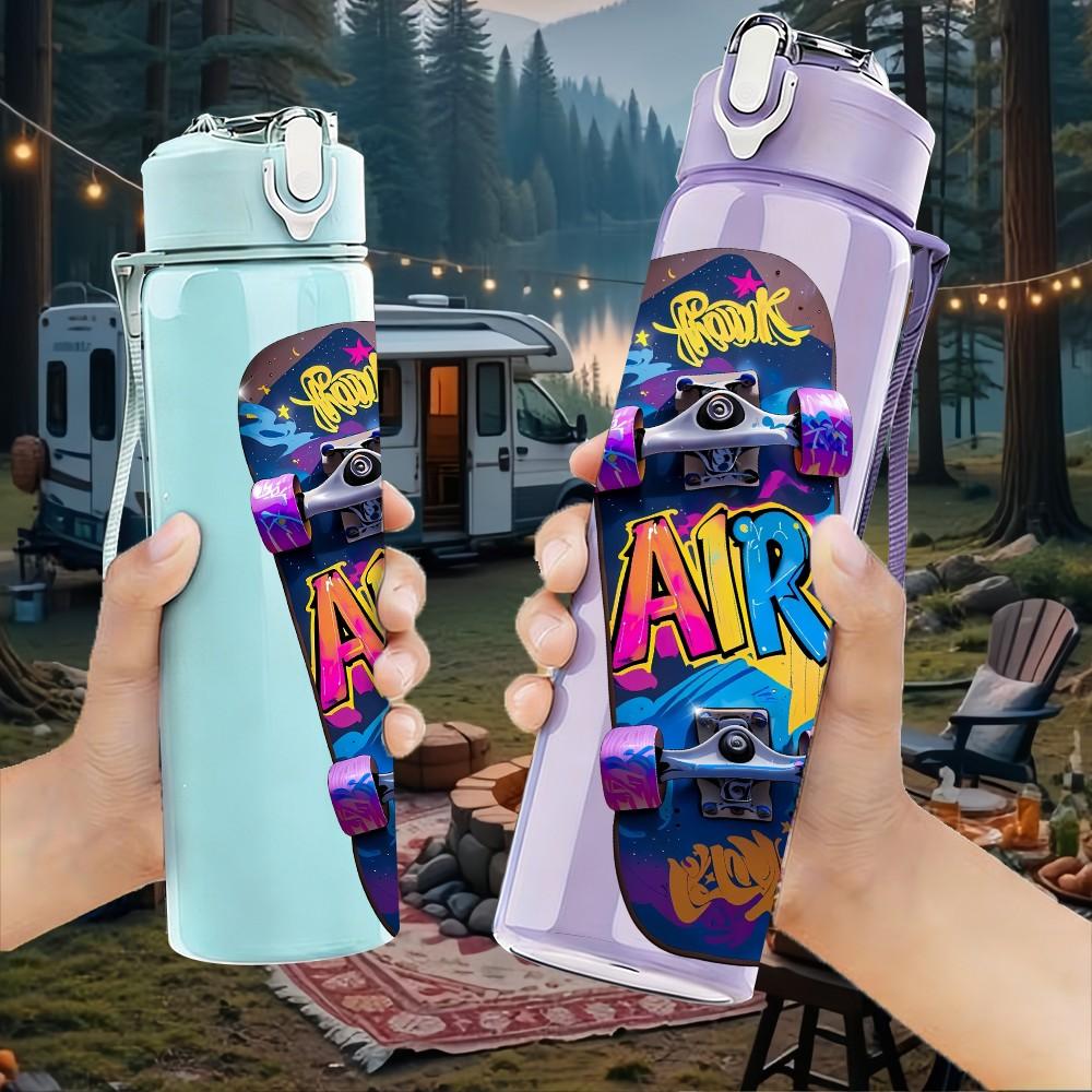1PC Colorful Painted Skateboard Deck Art 750ml Color Plastic Sports Water Bottle Leakproof Flip Straw Lid Suitable for Sports Office Home Use