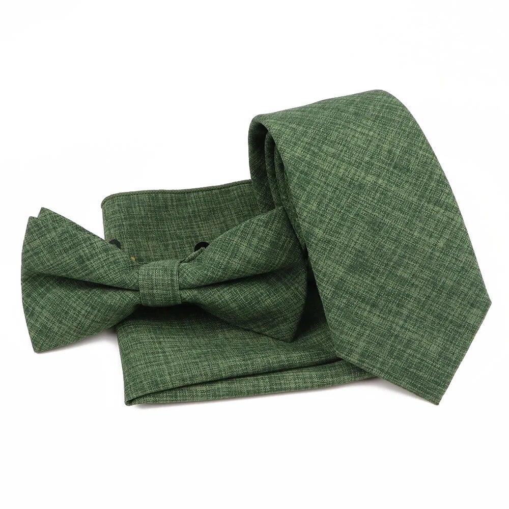 Men Fashion Solid Color Cotton Tie Bowtie Handkerchief Set Wedding Party Butterfly Necktie