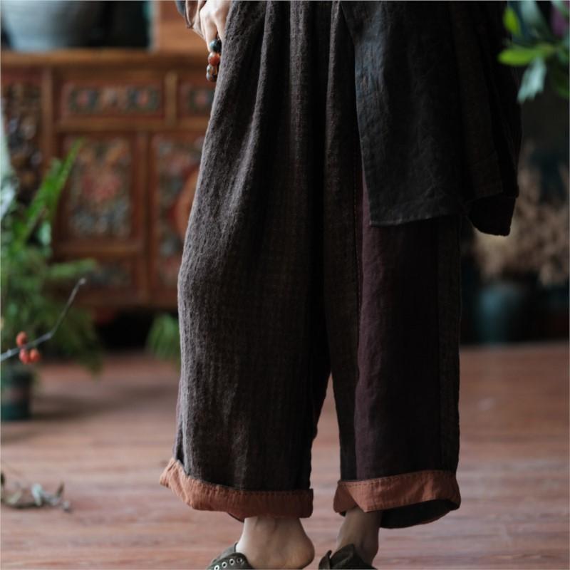 Johnature Women Vintage Patchwork Color Wide Leg Pants Elastic Waist Pockets Trousers Autumn Loose Pants