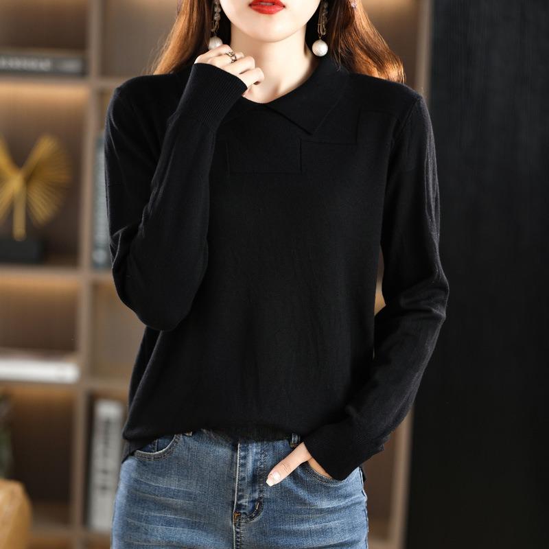 

DAFIFY Женская мода повседневная осень-зима однотонный принт длинный рукав поло воротник свитера XXL чёрный