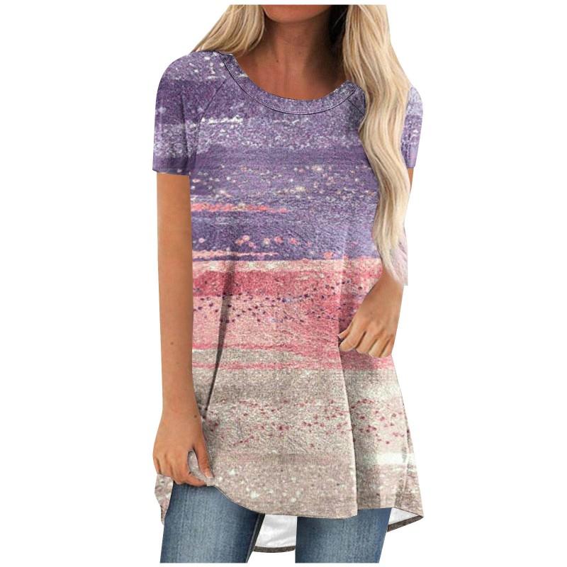 Womens Casual Short Sleeve T-Shirt With Starry Sky Digital Print Loose Fit Long Length Top 2025