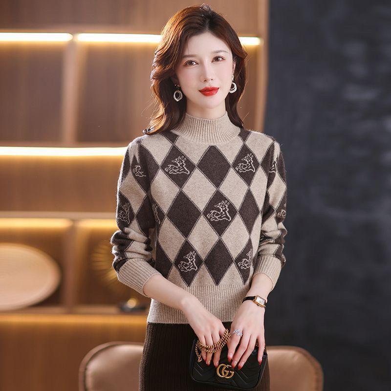 Fall/Winter Vintage Jacquard Sweater Women High Neck Knit Sweater Short Thick Loose Print Knitwear Top Jumper