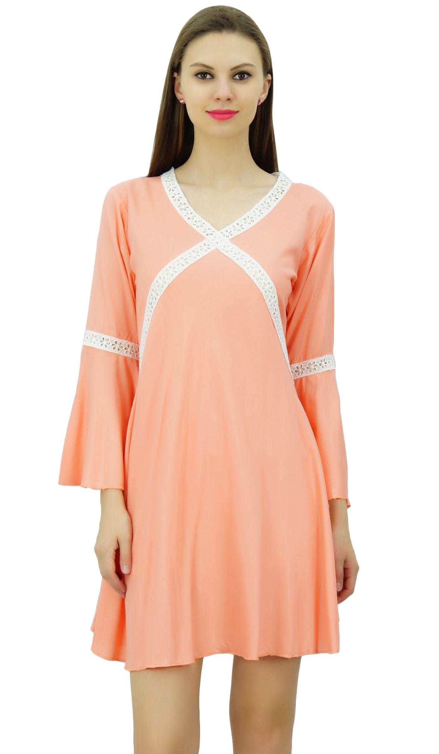 

Bimba Women Rayon Short Dress Ruffle Long Sleeve Lace Boho Chic Summer 14 персиковый