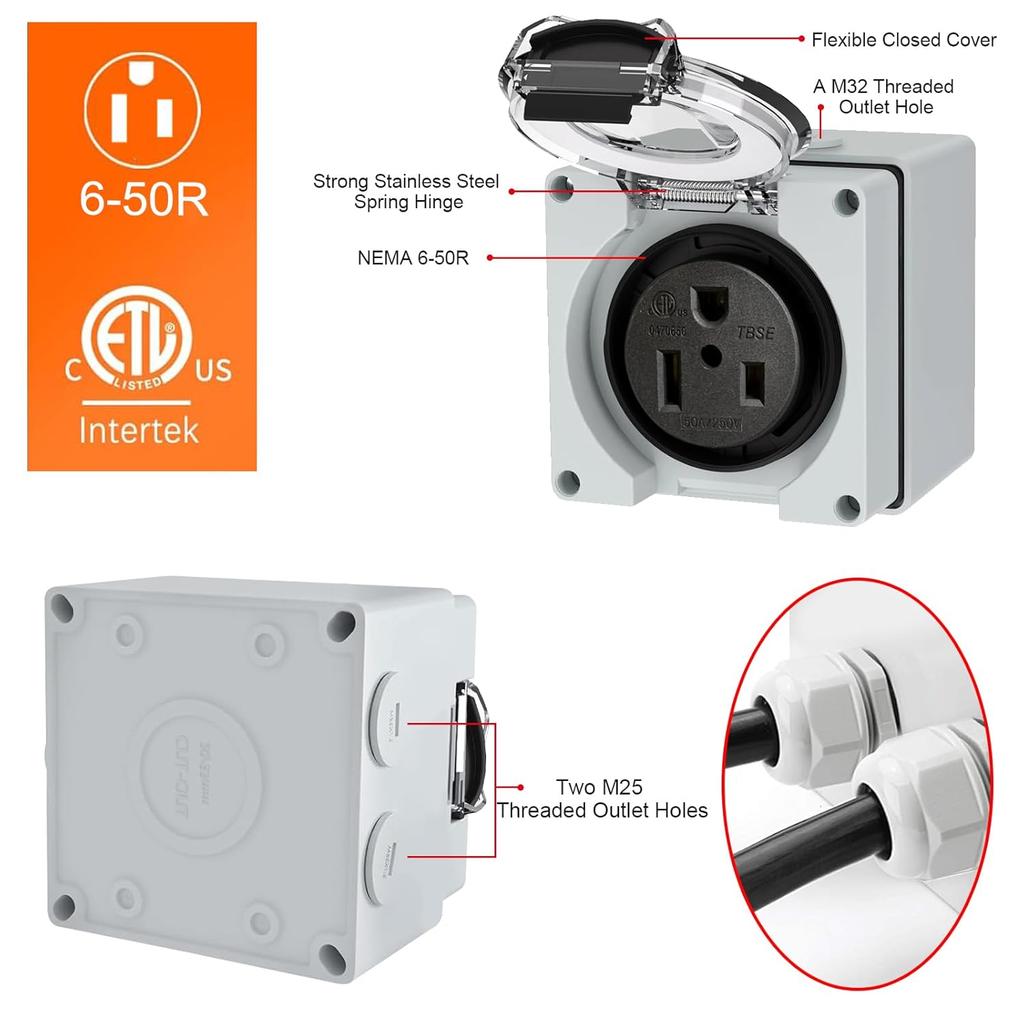 50 Amp Power Outlet Box, NEMA 6-50R 250 Volt EV Welder Receptacle Heavy Duty, Outdoor Weatherproof, with Waterproof Cable Glands 3 Pcs, for Welding