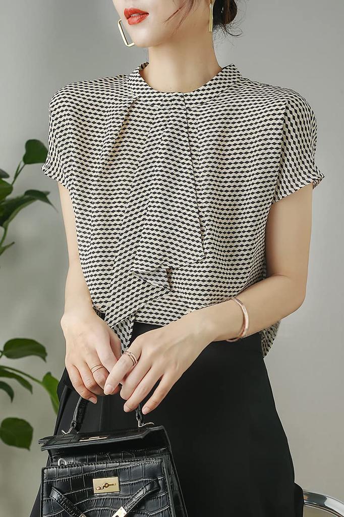 Blouse Summer Tops Checkered Shirt Chiffon Ribbon Short Sleeve Top Elegant Adult Slimming Stylish Formal Office OL Commuting Neat [H. Zroy] Women's