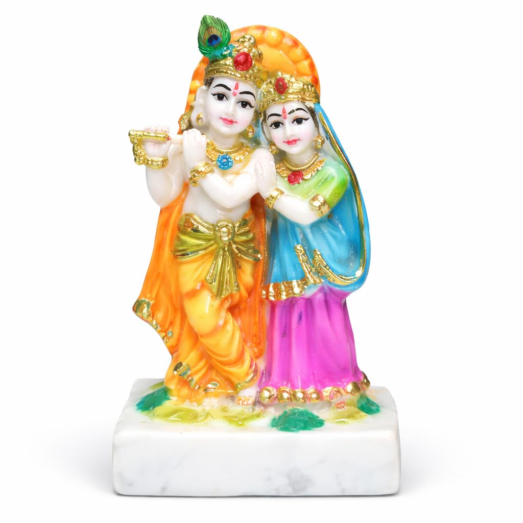 Radha Krishna Figurine, Marble Dust, Multicolour with Gold Polish, 9cm Height, Traditional Hindu Deity Statue