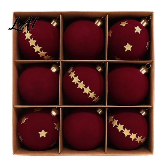 Christmas Party Background Decor 9Pcs Flocked Ball Ornaments Burgundy Velvet Balls with Gold Retro Supplies Embroidery Hanging Tree for Holiday Home