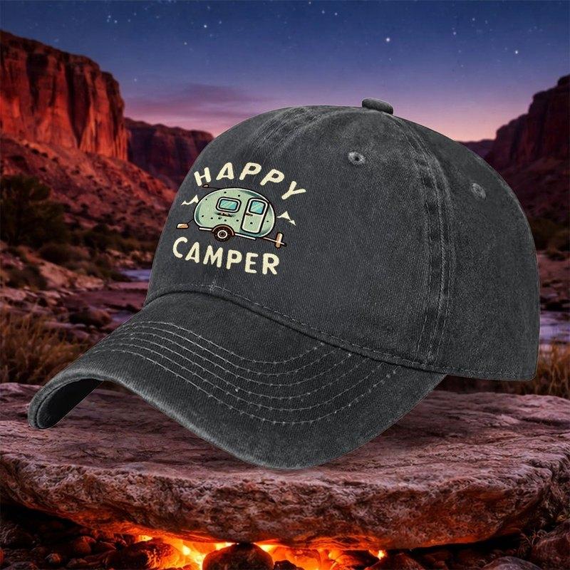 1pc Happy Camper Retro Style Unisex Washable Baseball Cap Casual Trendy Black Outdoor Hat For Camping Hiking Travel Sports