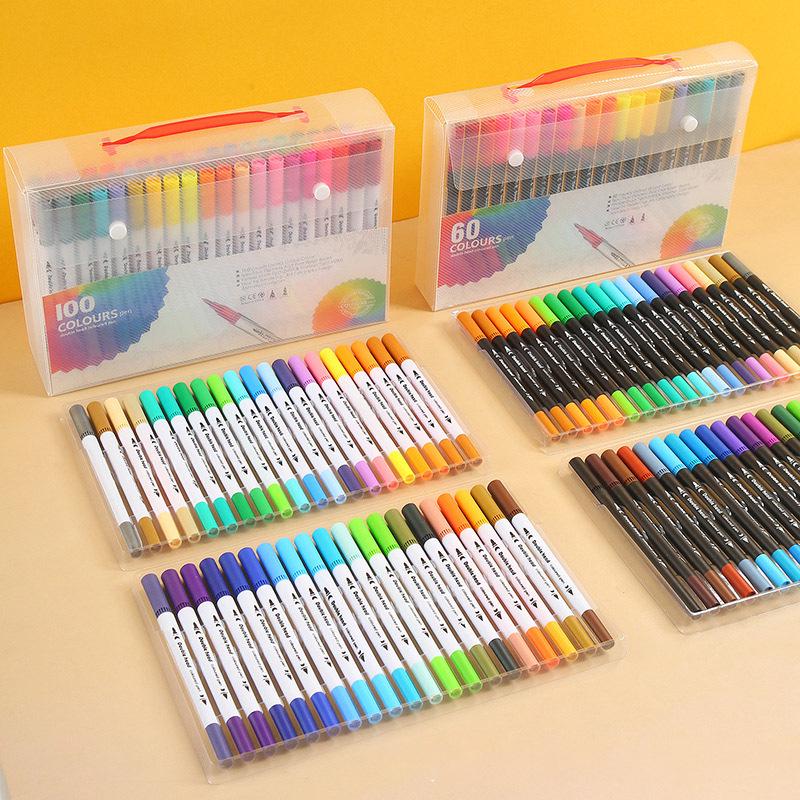 120-Color Double-Ended Watercolor & Fineliner Pens - Washable Children's Art Brush Set