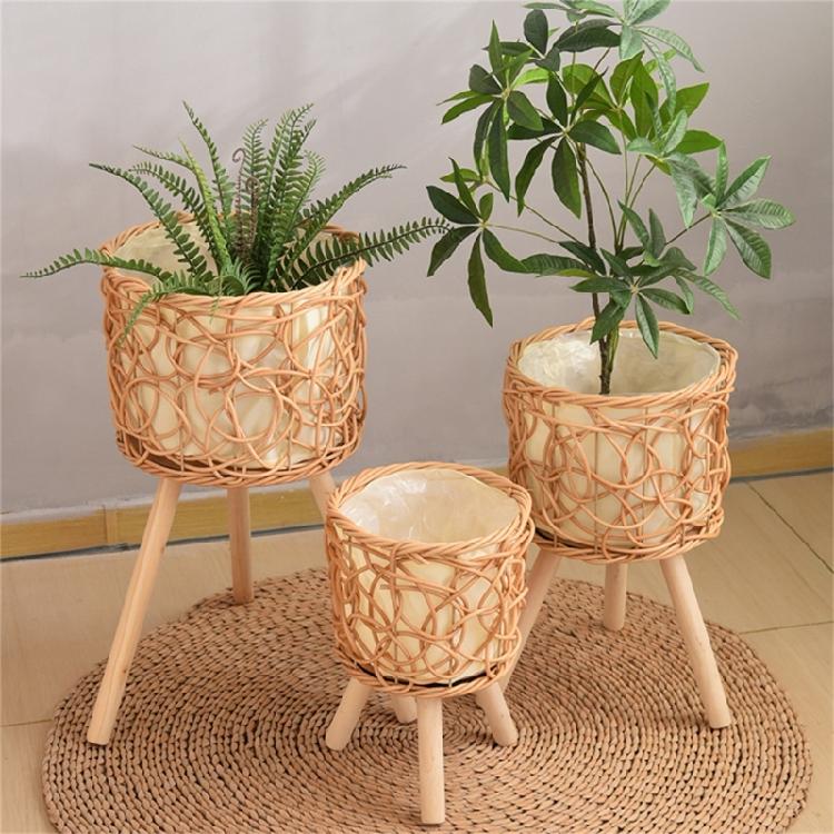 Wood Legs Plant Holder Stool for Home Decoration Stable Floor Planter Basket Woven Balcony Flower Pots Display Shelf
